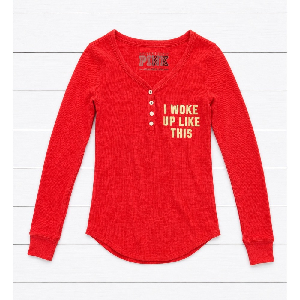 Victoria's Secret PINK Red Waffle Knit Henley I Woke Up Like This XS Long Sleeve